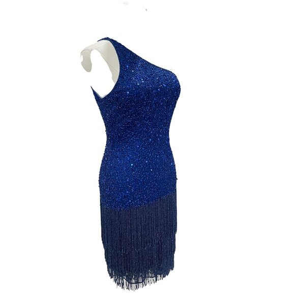 Mac Duggal Blue Fringe Sequin Dress Size 0 One Shoulder Party NYE Cocktail Glam - Picture 10 of 14